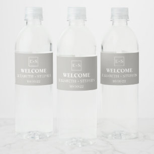 Rótulo De Garrafa De Vinho Cinza Simples de Monograma e Casamento Branco