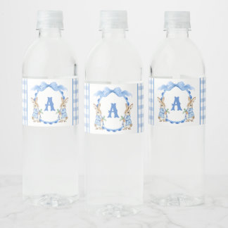 Rótulo De Garrafa De Vinho Coelho Azul Gingham Monograma Crest