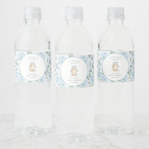 Rótulo De Garrafa De Vinho Coelho Fofo, Laço Azul, Flores Azuis, Chás de Bebê