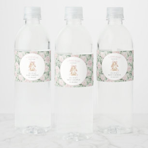 Rótulo De Garrafa De Vinho Coelho Fofo, Laço Rosa, Flores Rosas, Chás de Bebê