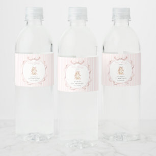 Rótulo De Garrafa De Vinho Coelho Fofo, Laço Rosa, Listras Rosas, Primeiro An
