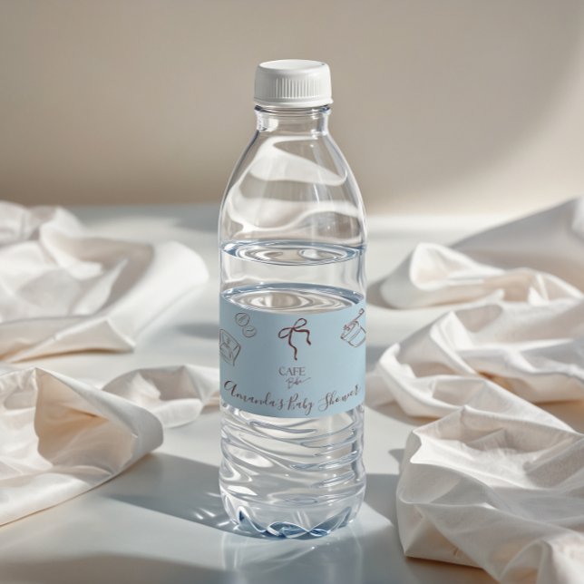 Rótulo De Garrafa De Vinho Coffee Theme Blue Bow Cafe Bebe Boy Baby Shower (Criador carregado)