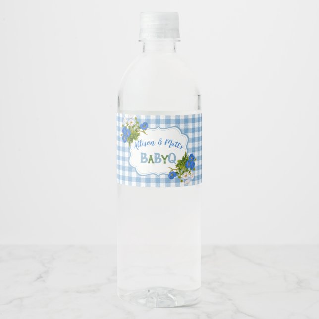 Rótulo De Garrafa De Vinho Country Gingham Check Blue Flowers Baby Q CHURRASC (Frente)