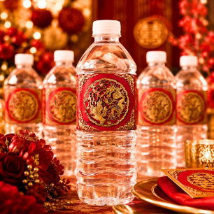 Rótulo De Garrafa De Vinho Dragão Fenix Vermelho Dourado Casamento Chinês