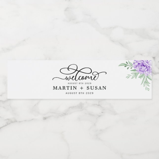 Rótulo De Garrafa De Vinho Dusty Purple Peony Rosa Greenery deixa casamento (Rótulo Único)