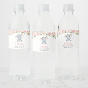 Rótulo De Garrafa De Vinho Elefante, Flores De Aquarela Rosa, Chá de fraldas