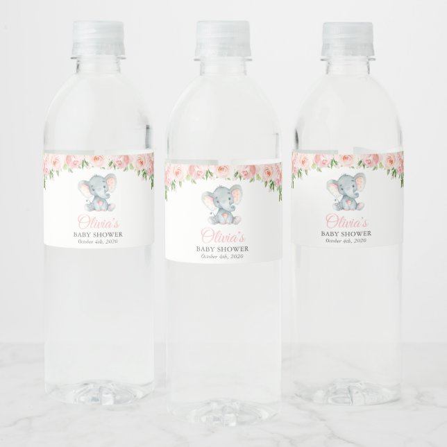 Rótulo De Garrafa De Vinho Elefante, Flores De Aquarela Rosa, Chá de fraldas (Garrafas)