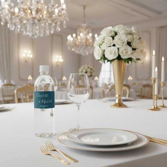 Rótulo De Garrafa De Vinho Elegant Deep Teal Script Minimalist Wedding (Criador carregado)