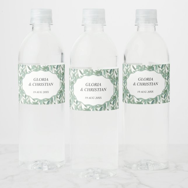 Rótulo De Garrafa De Vinho Elegant Green Foliage  Wedding  Water Bottle Label (Garrafas)
