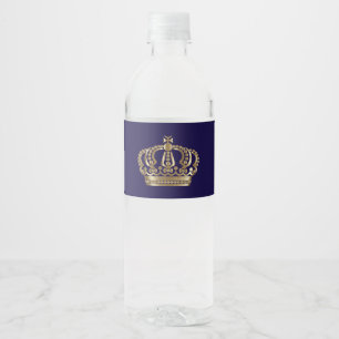 Rótulo De Garrafa De Vinho Elegante Coroa de Noiva Azul Dourada
