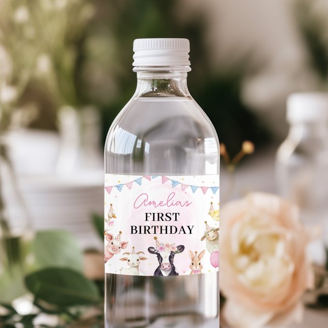 Rótulo De Garrafa De Vinho Fazenda Animal Rosa Menina Aniversário (Criador carregado)