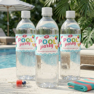Rótulo De Garrafa De Vinho Festa de Aniversário Colorida de Verão na Piscina