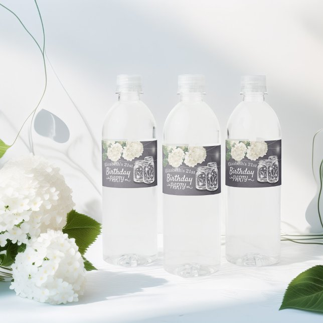 Rótulo De Garrafa De Vinho Festa de aniversário Mason Jars String Luzes Flore (Criador carregado)