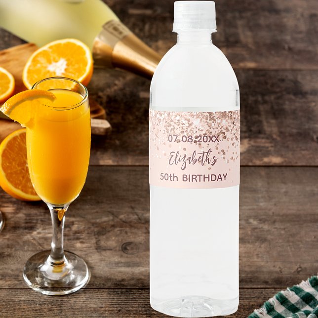 Rótulo De Garrafa De Vinho Festa de aniversário rosa dourado borrifa faíscas (Criador carregado)