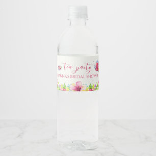 Rótulo De Garrafa De Vinho Festa de Chá com Aquarela Rosa