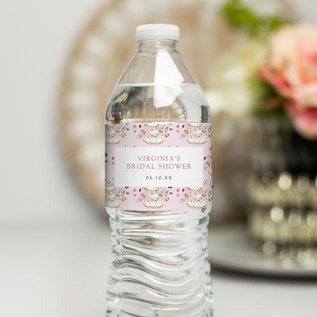 Rótulo De Garrafa De Vinho Festa do Chá Rosa Chá de Noiva (Floral Pink Tea Party Bridal Shower Water Bottle Label by Painted Paperie
)