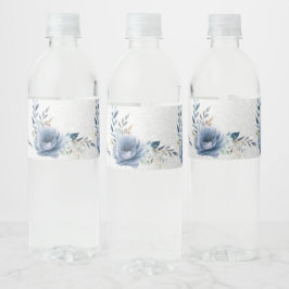 Rótulo De Garrafa De Vinho Festa Flores Aquarela Azul Empoeirado Prata Elegan
