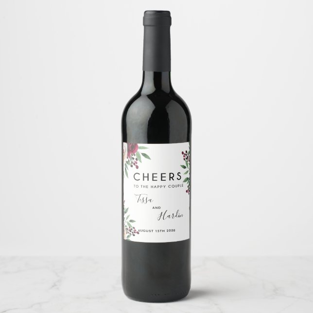 Rótulo de Garrafa de Vinho Floral Burgundy (Frente)