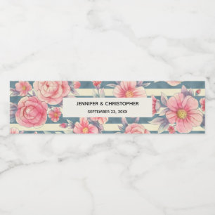 Rótulo De Garrafa De Vinho Flores de Aquarela Rosa em Stripes Casamento