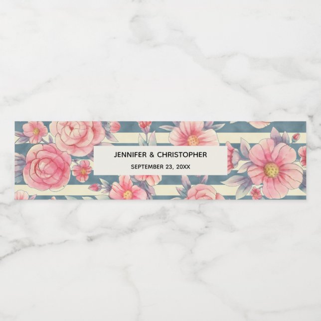 Rótulo De Garrafa De Vinho Flores de Aquarela Rosa em Stripes Casamento (Rótulo Único)