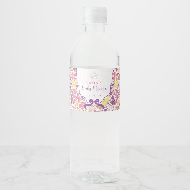 Rótulo De Garrafa De Vinho Flores Silvestres Laço Rosa Roxo Chuvinha de Bebê (Frente)
