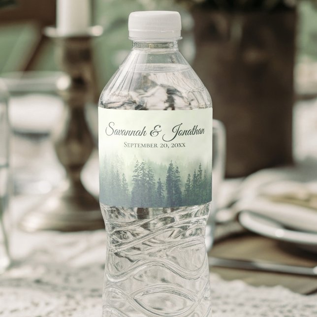 Rótulo De Garrafa De Vinho Floresta de Pinheiros Verde Enevoada Casamento Rús (Criador carregado)