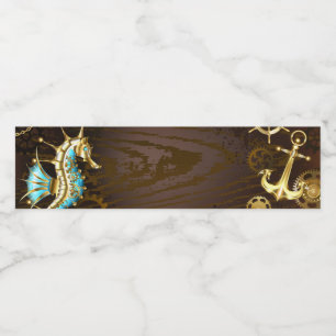 Rótulo De Garrafa De Vinho Fundo de madeira com cavalo de mar mecânico