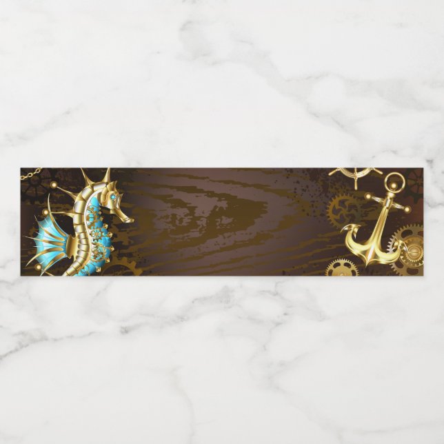 Rótulo De Garrafa De Vinho Fundo de madeira com cavalo de mar mecânico (Rótulo Único)