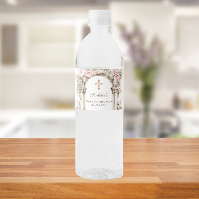 Rótulo De Garrafa De Vinho Girl First Communion Pink Florals Arch Cross (Criador carregado)