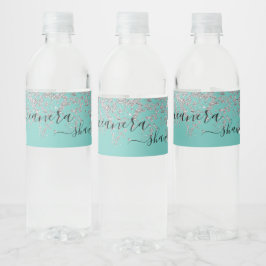 Rótulo De Garrafa De Vinho Girly Silver e Teal Monograma Aqua Sparkle
