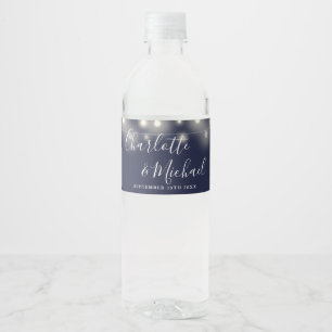 Rótulo De Garrafa De Vinho Luzes de Corda de Letreiro Nupcial Azul Marinho