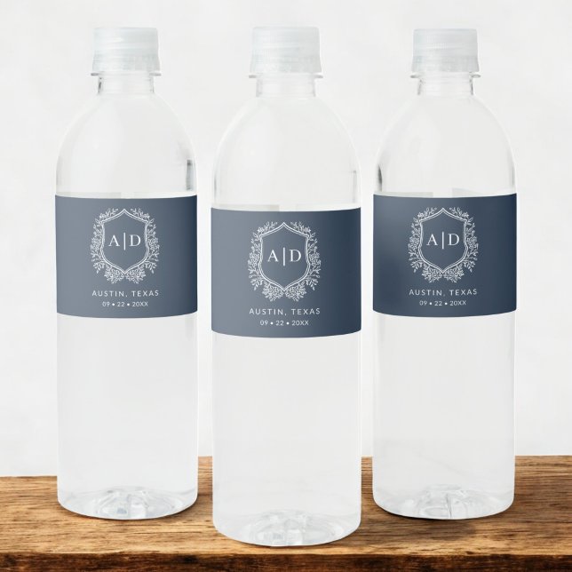 Rótulo De Garrafa De Vinho Marinho Azul Monograma Festa Floral De Casamento D (Criador carregado)