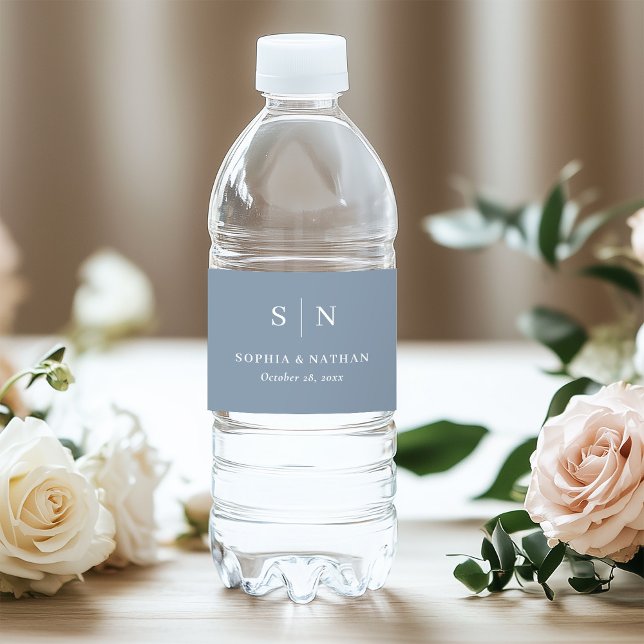 Rótulo De Garrafa De Vinho Mínimo e Chic Dusty Blue | Casamento Monograma (Criador carregado)