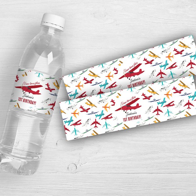 Rótulo De Garrafa De Vinho Moscas de primeiro aniversario de avião (Airplane Kids 1st Birthday Party Time Flies Water Bottle Label)