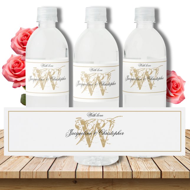 Rótulo De Garrafa De Vinho Nomes de Monograma Elegantes Brancos de Chic e Cas (Elegant White, Gold & Black  Wedding Water Bottle Label)