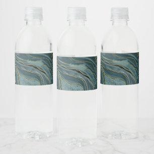 Rótulo De Garrafa De Vinho Ondas Douradas de Abstrato de Aquarela Azul Teal