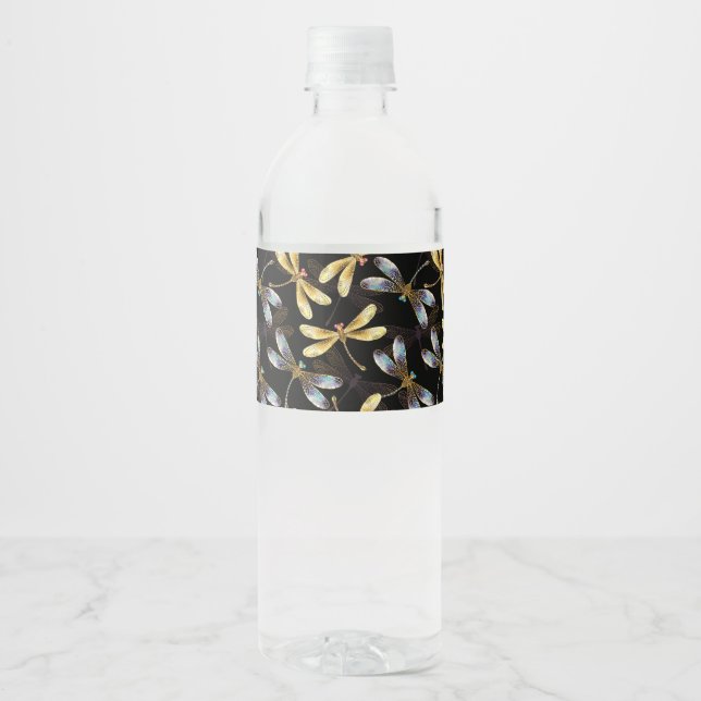 Rótulo De Garrafa De Vinho Padrão contínuo com Libélulas Douradas (Frente)