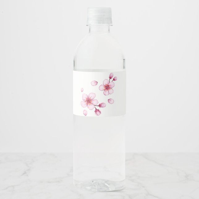 Rótulo De Garrafa De Vinho Padrão de Flor de Cerejeira em Aquarela Rosa (Frente)