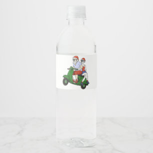 Rótulo De Garrafa De Vinho Papais noeis e Sra. Claus andando em patinete