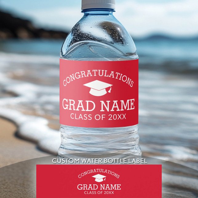 Rótulo De Garrafa De Vinho Parabéns Boné de formatura branco vermelho (Custom Graduation Water Bottle Label)