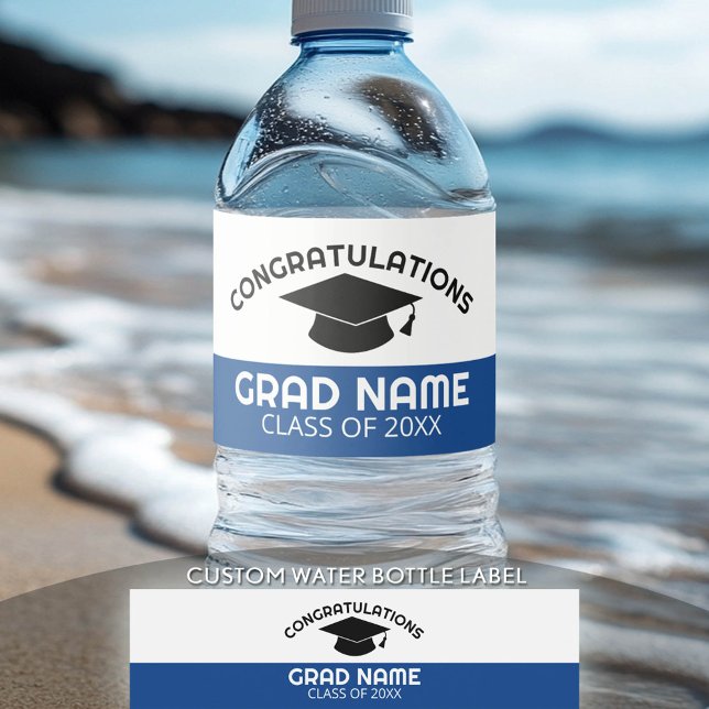Rótulo De Garrafa De Vinho Parabéns Boné de formatura Formando azul preto (Custom Graduation Water Bottle Label)
