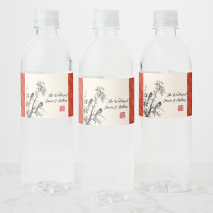 Rótulo De Garrafa De Vinho Pássaros de flores vermelhas casamento chinês orie