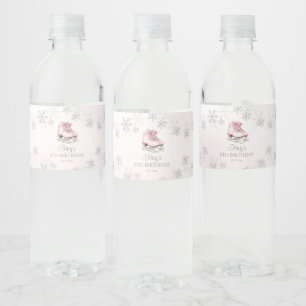 Rótulo De Garrafa De Vinho Patinação no Gelo Rosa Brilho Floco de Neve Aniver