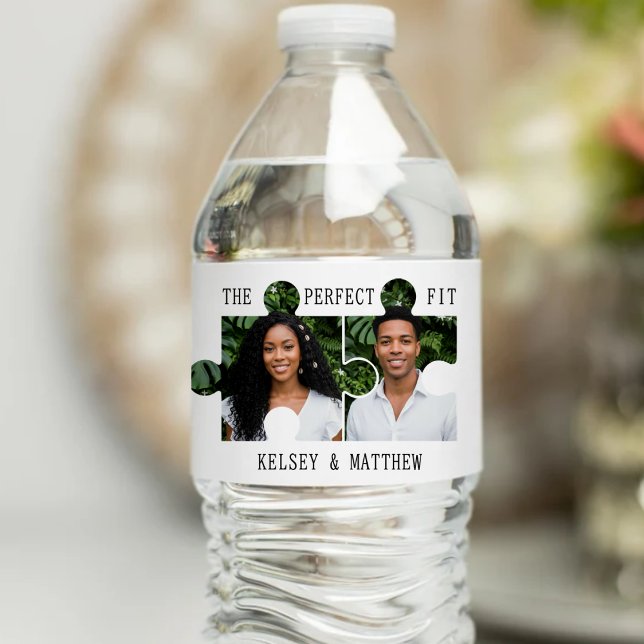 Rótulo De Garrafa De Vinho Peça de Puzzle Foto Casamento Ajuste Perfeito (Puzzle Piece Photo Perfect Fit Wedding Water Bottle Label
)