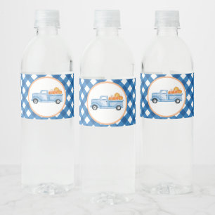 Rótulo De Garrafa De Vinho Pequena abóbora caminhão azul e xadrez primeiro an