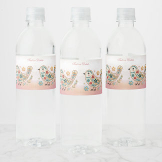 Rótulo De Garrafa De Vinho Pequeno Bordado Floral de Pássaro, Rosa