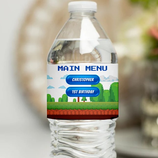 Rótulo De Garrafa De Vinho Primeiro aniversario do Menu Vídeo Retroativo (Retro Video Game Menu 1st Birthday Party Water Bottle Label
)