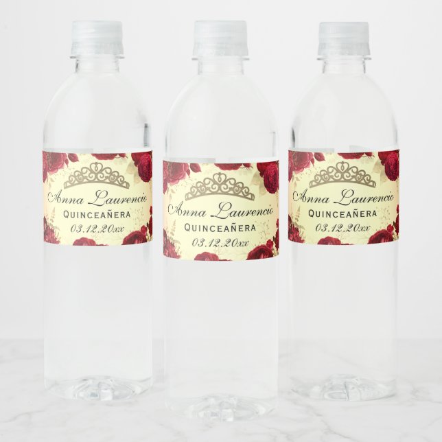 Rótulo De Garrafa De Vinho Quinceanera Floral Vermelha E Dourada (Garrafas)