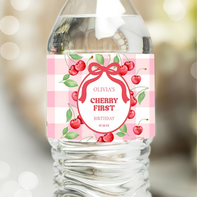 Rótulo De Garrafa De Vinho Red Coquette Bow Cherry First Birthday Party (Criador carregado)