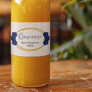 Rótulo De Garrafa De Vinho Royal Blue e Dourado Geométrico Quinceañera